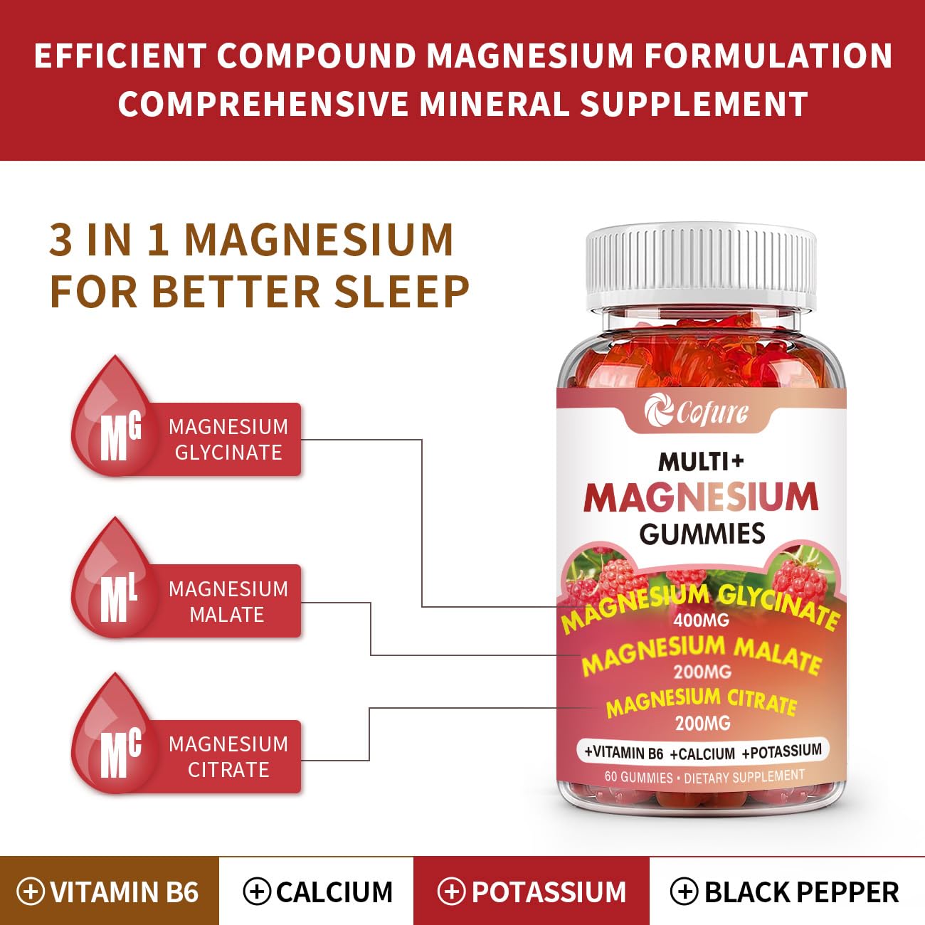 Cofure Triple Magnesium Complex 900 mg, Magnesium Glycinate, Citrate, Malate with Potassium, Calcium, Vitamin B6 for Calm & Sleep - Vegan, Non-GMO, Gluten Free - 120 Raspberry Gummies for Adults - dailyvitalstore