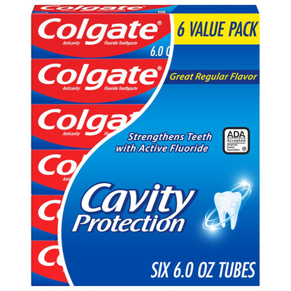 Colgate Cavity Protection Toothpaste with Fluoride, Minty Great Regular Flavor, Anti Cavity Toothpaste, 6 Pack, 6 Oz Tubes - dailyvitalstore