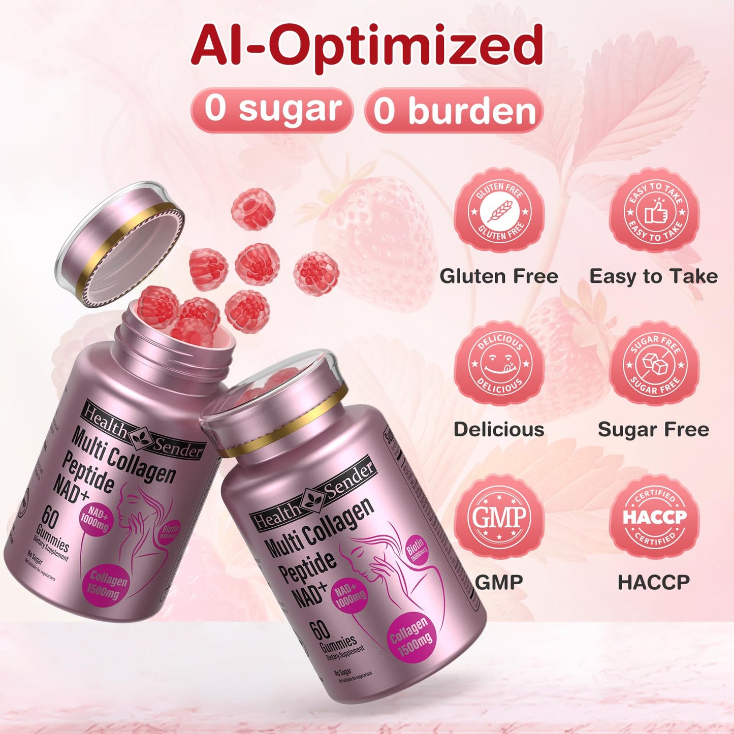 Collagen Gummies-Collagen for Women Men with 1500 mg Collagen Peptides Type I,II,III,V,X, 1000mg NAD, 15000 mcg Biotin, Daily Collagen Supplement Protein Gummies for Hair Skin Nails, Sugar Free - dailyvitalstore