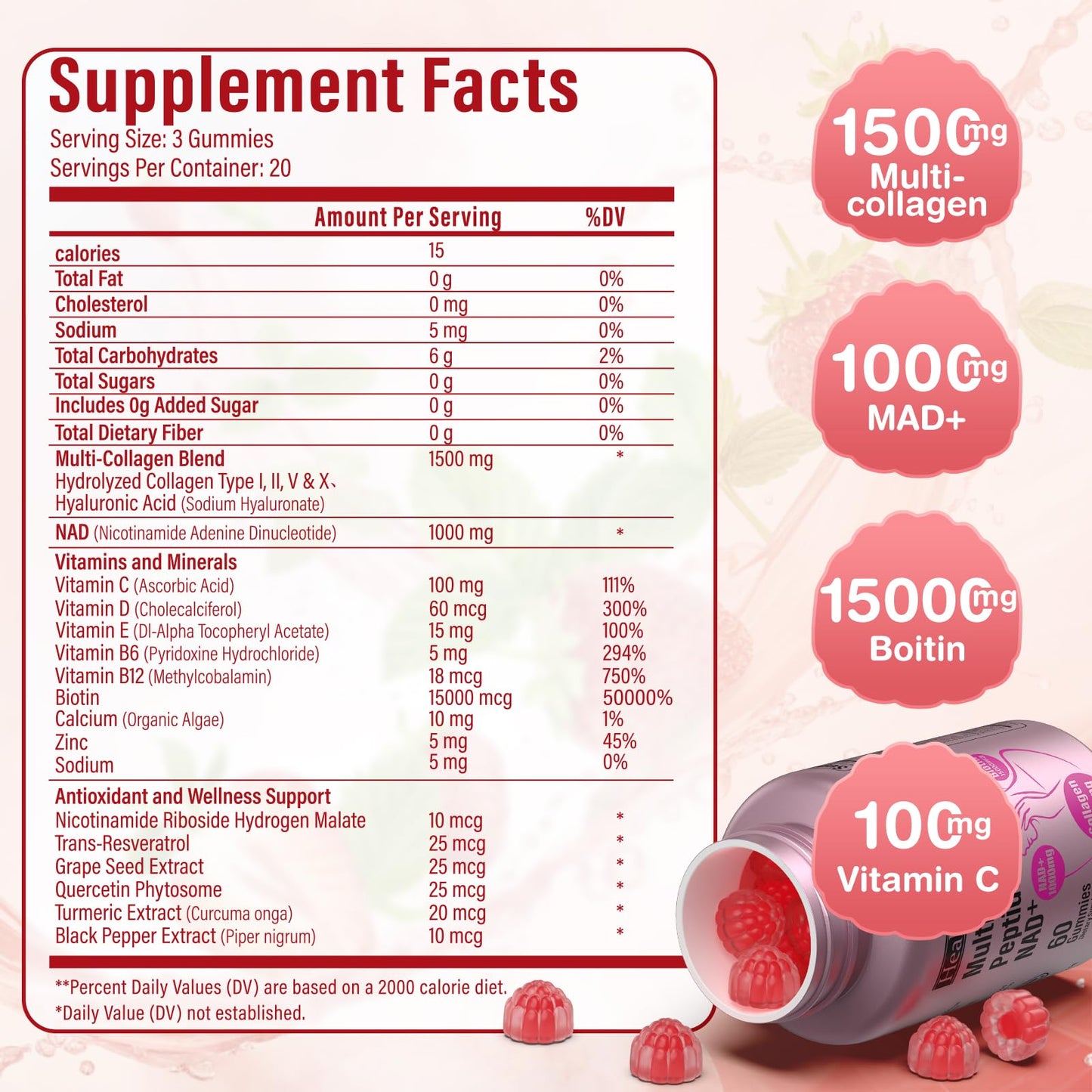 Collagen Gummies-Collagen for Women Men with 1500 mg Collagen Peptides Type I,II,III,V,X, 1000mg NAD, 15000 mcg Biotin, Daily Collagen Supplement Protein Gummies for Hair Skin Nails, Sugar Free - dailyvitalstore