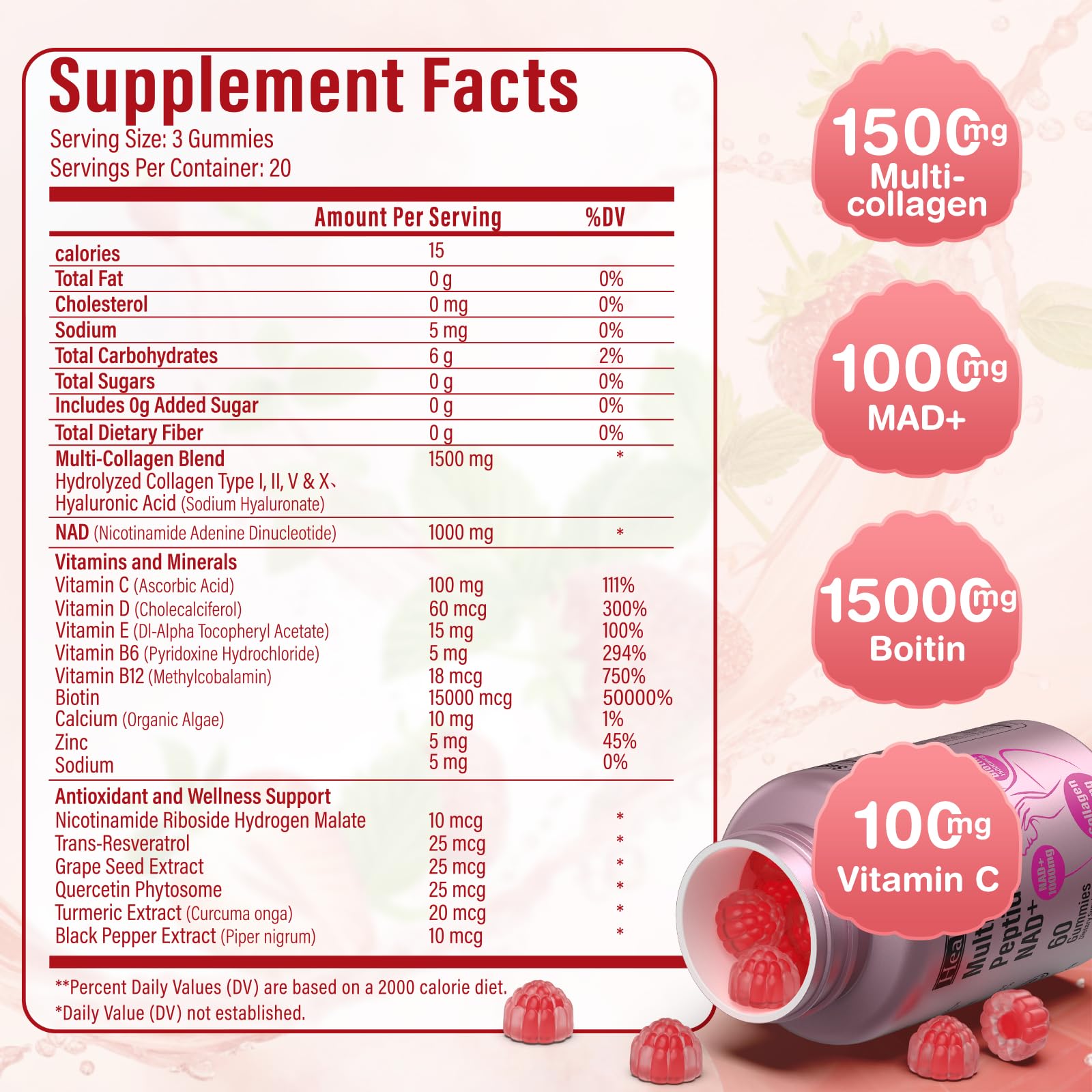 Collagen Gummies-Collagen for Women Men with 1500 mg Collagen Peptides Type I,II,III,V,X, 1000mg NAD, 15000 mcg Biotin, Daily Collagen Supplement Protein Gummies for Hair Skin Nails, Sugar Free - dailyvitalstore