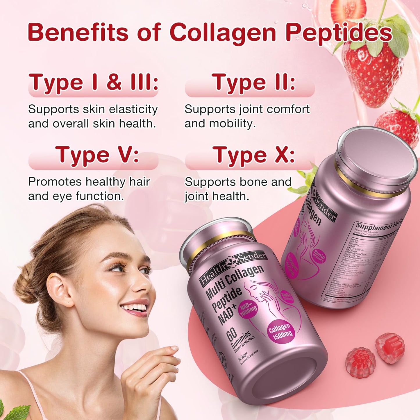 Collagen Gummies-Collagen for Women Men with 1500 mg Collagen Peptides Type I,II,III,V,X, 1000mg NAD, 15000 mcg Biotin, Daily Collagen Supplement Protein Gummies for Hair Skin Nails, Sugar Free - dailyvitalstore