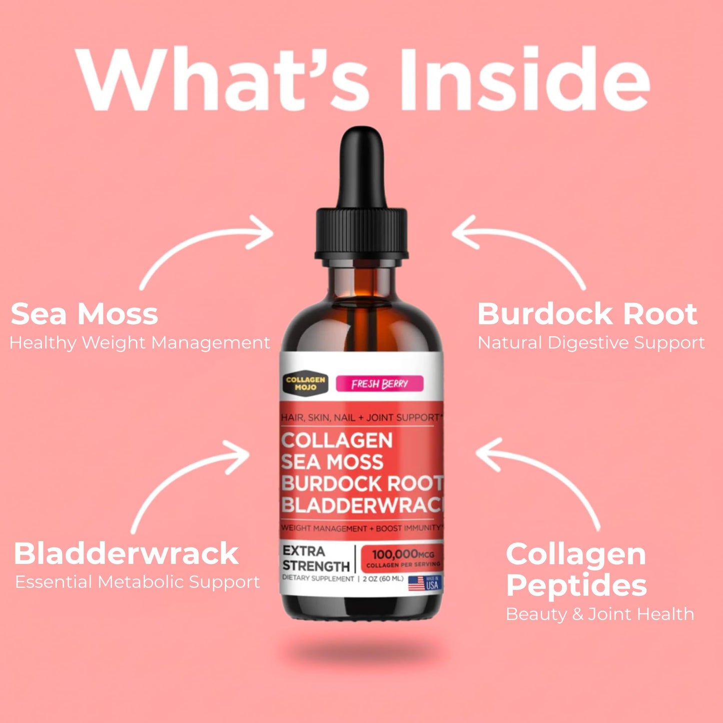 Collagen Mojo - Liquid Collagen with Irish Sea Moss for Women & Men - Collagen Peptides Drops with Burdock Root & Bladderwrack - Hair, Skin, Nails, Joint & Weight Management - 100,000mcg, 2 Oz - dailyvitalstore