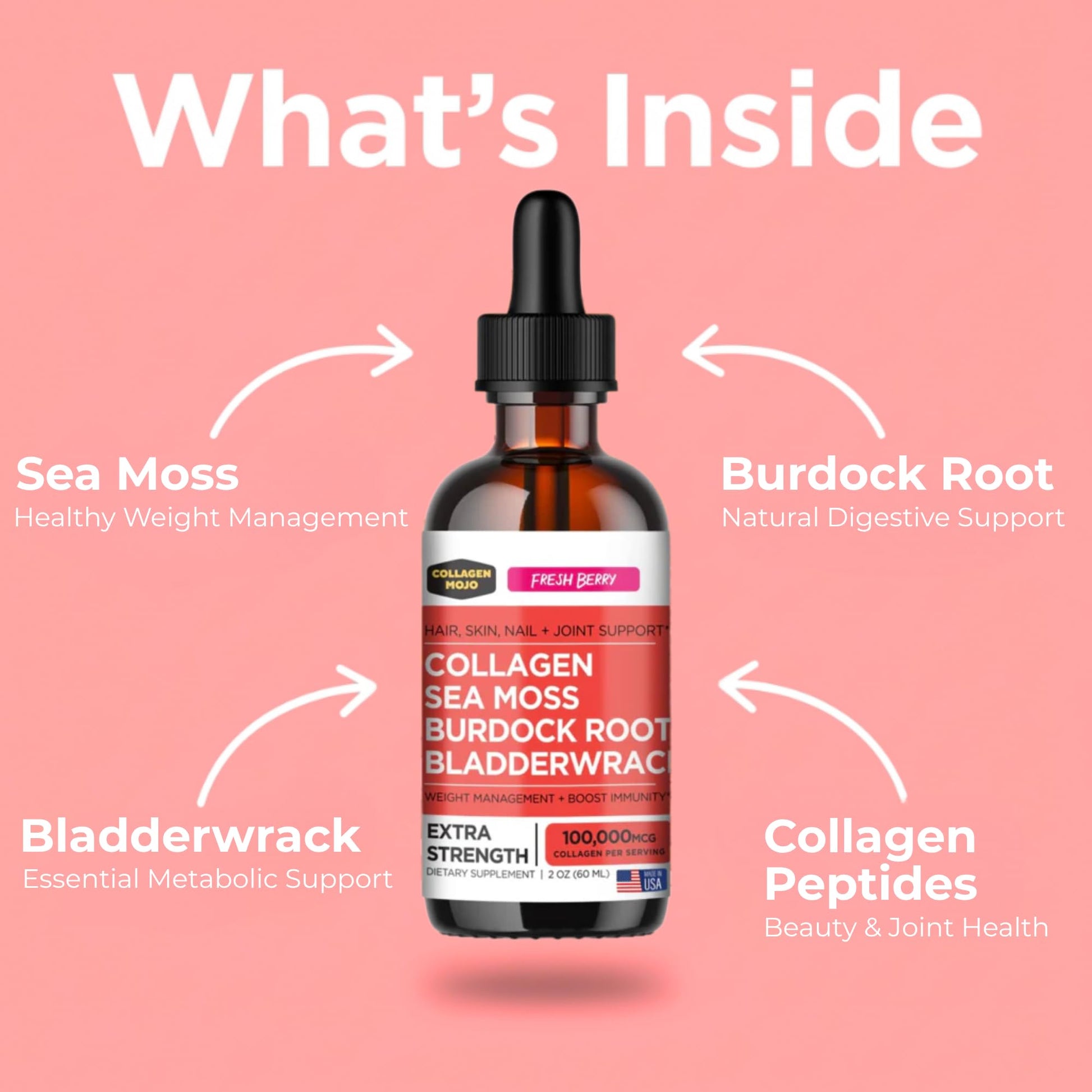 Collagen Mojo - Liquid Collagen with Irish Sea Moss for Women & Men - Collagen Peptides Drops with Burdock Root & Bladderwrack - Hair, Skin, Nails, Joint & Weight Management - 100,000mcg, 2 Oz - dailyvitalstore