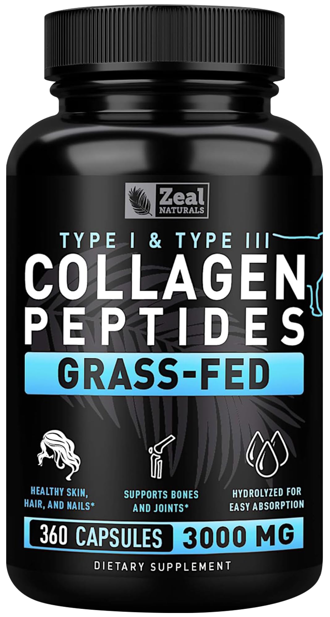 Collagen Peptides Capsules 360 Count - Grass Fed Bovine Hydrolyzed Collagen Pills - Hair, Skin & Nails, Joint Support - Collagen Supplements for Women & Men - dailyvitalstore