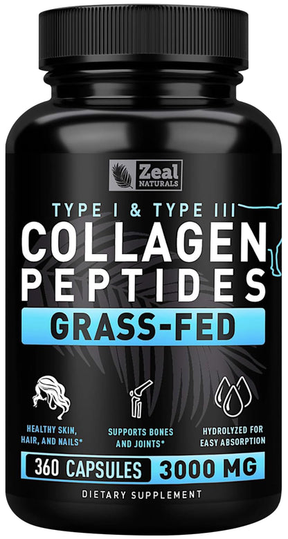 Collagen Peptides Capsules 360 Count - Grass Fed Bovine Hydrolyzed Collagen Pills - Hair, Skin & Nails, Joint Support - Collagen Supplements for Women & Men - dailyvitalstore