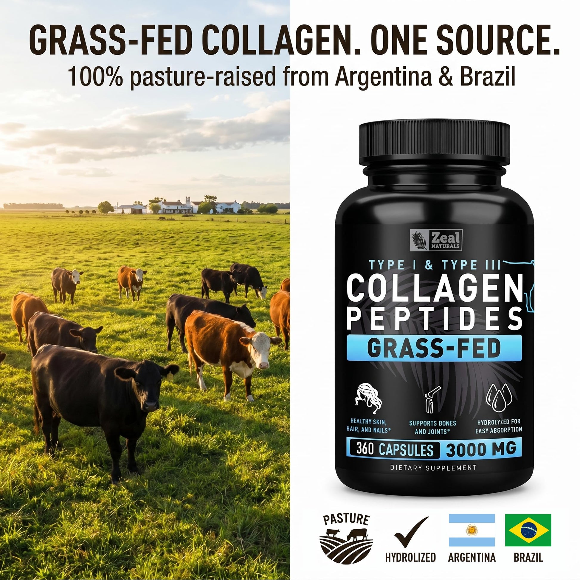 Collagen Peptides Capsules 360 Count - Grass Fed Bovine Hydrolyzed Collagen Pills - Hair, Skin & Nails, Joint Support - Collagen Supplements for Women & Men - dailyvitalstore