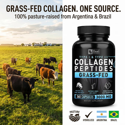 Collagen Peptides Capsules 360 Count - Grass Fed Bovine Hydrolyzed Collagen Pills - Hair, Skin & Nails, Joint Support - Collagen Supplements for Women & Men - dailyvitalstore