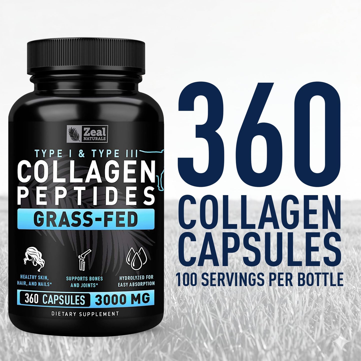 Collagen Peptides Capsules 360 Count - Grass Fed Bovine Hydrolyzed Collagen Pills - Hair, Skin & Nails, Joint Support - Collagen Supplements for Women & Men - dailyvitalstore
