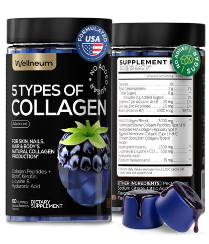 Collagen Peptides Gummies Sugar Free 3000mg Multi Collagen Blend for Hair Skin & Nails Support + 2500mg Keratin + 5000mcg Biotin, Hyaluronic Acid, - dailyvitalstore