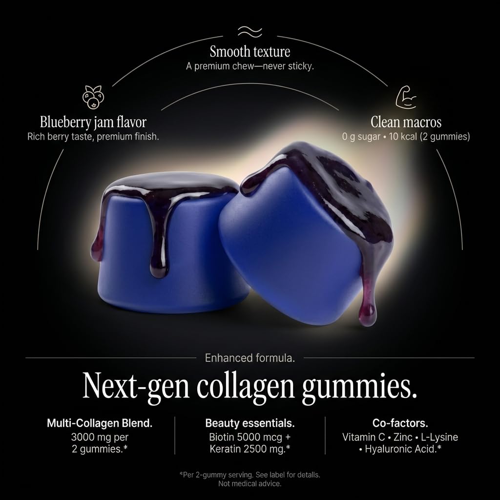 Collagen Peptides Gummies Sugar Free 3000mg Multi Collagen Blend for Hair Skin & Nails Support + 2500mg Keratin + 5000mcg Biotin, Hyaluronic Acid, - dailyvitalstore