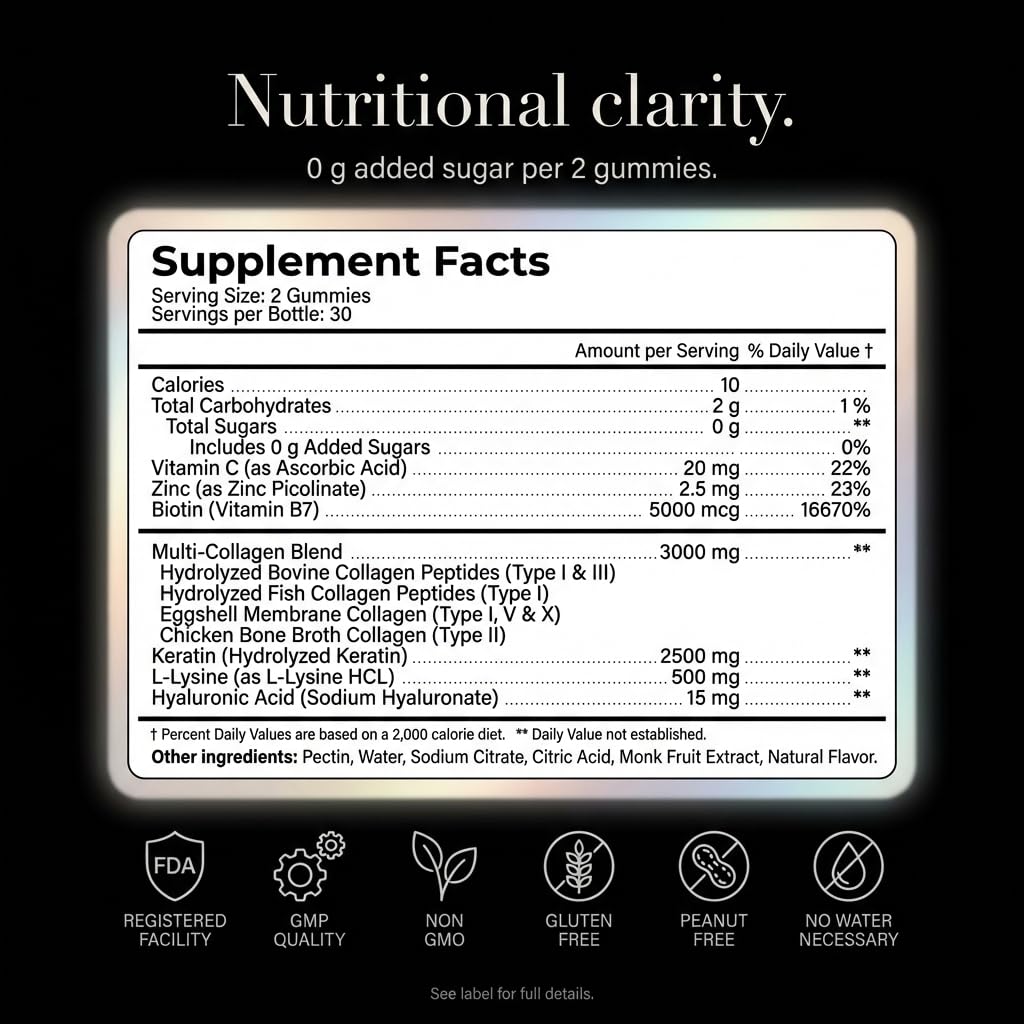 Collagen Peptides Gummies Sugar Free 3000mg Multi Collagen Blend for Hair Skin & Nails Support + 2500mg Keratin + 5000mcg Biotin, Hyaluronic Acid, - dailyvitalstore