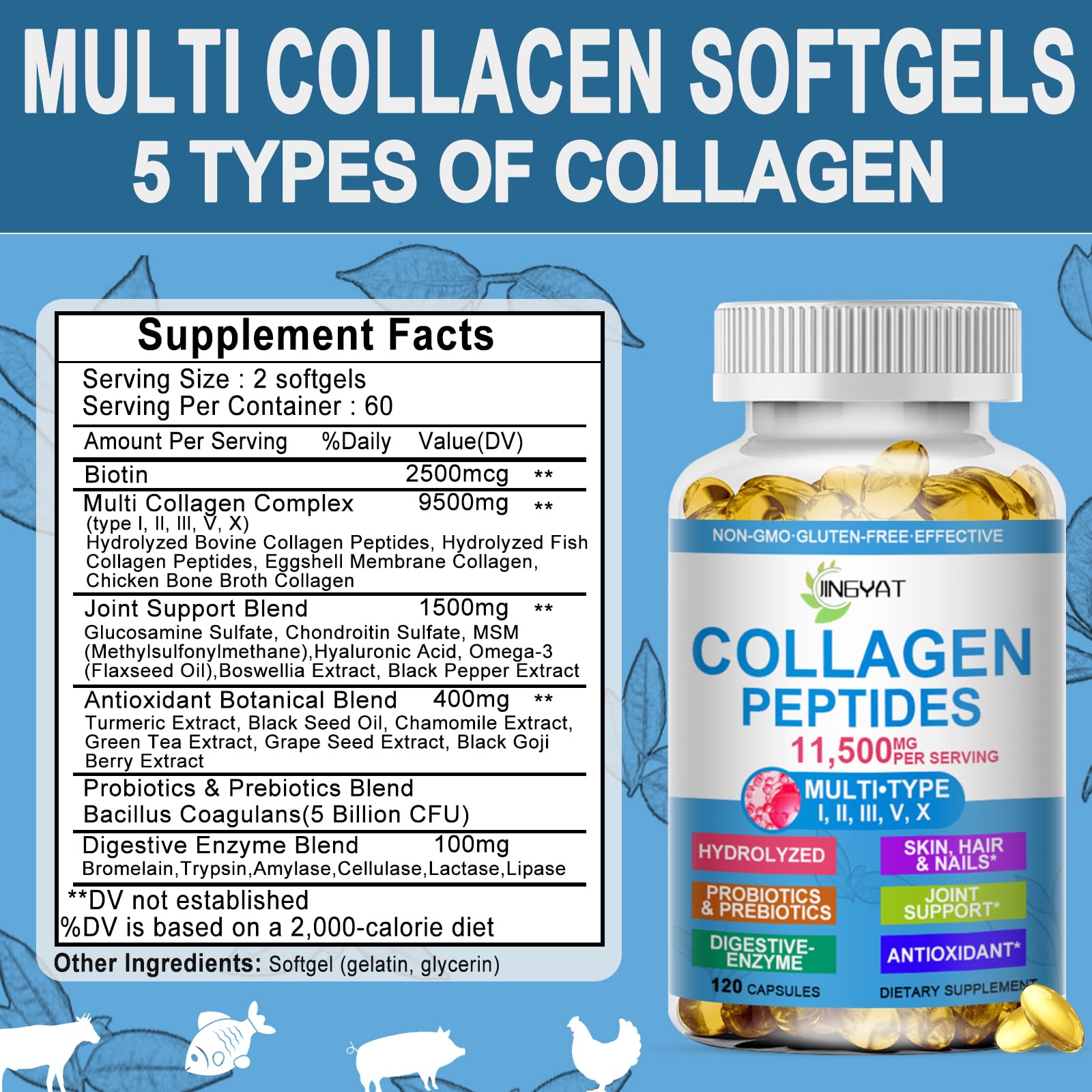 Collagen Peptides Softgels, Multi Collagen Peptide w/ Glucosamine Chondroitin MSM Biotin, Hydrolyzed Collagen Peptides Complex for Women Supports Skin Hair - dailyvitalstore