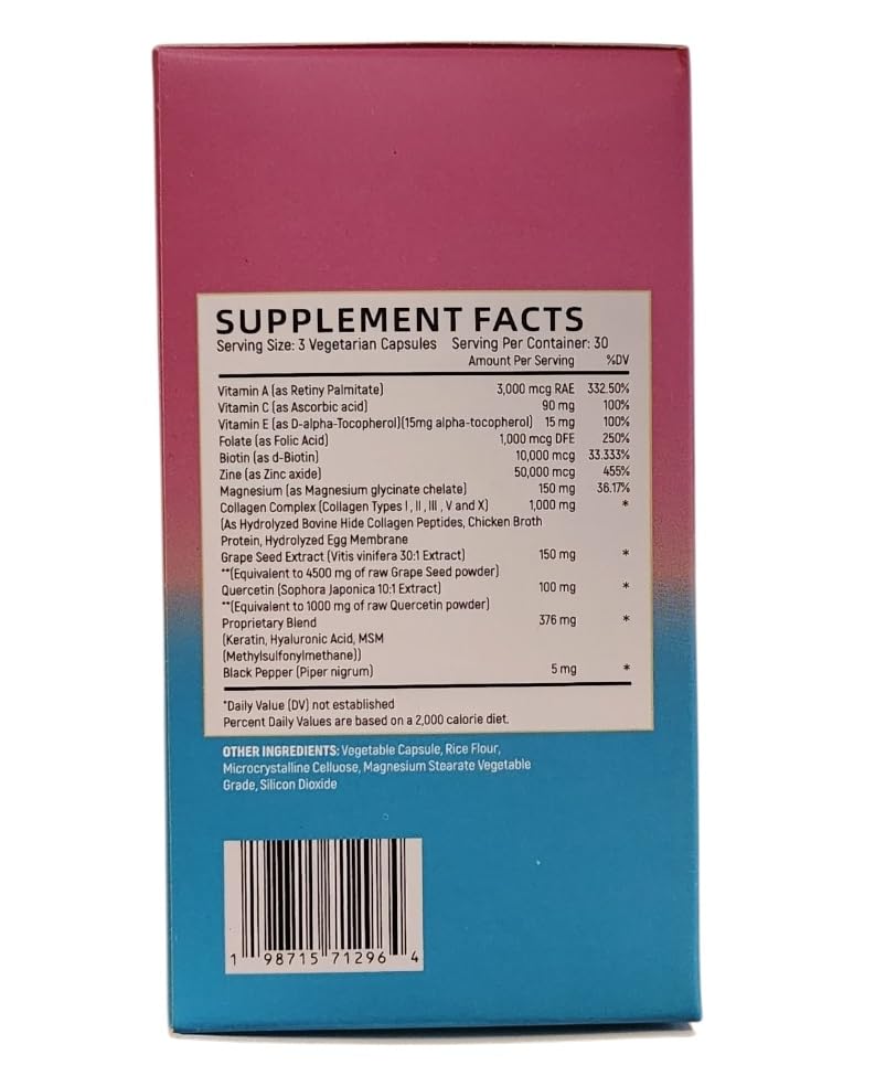 Collagen Peptides Types I, II, III, V & X, 64000 MCG, 14 in 1, Biotin, Keratin, Hyaluronic Acid, Magnesium, MSM, Grape Seed, Vitamin A C & E, Black Pepper, Quercetin, Folate, Zinc (90 Veggie Caps) - dailyvitalstore