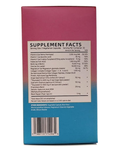 Collagen Peptides Types I, II, III, V & X, 64000 MCG, 14 in 1, Biotin, Keratin, Hyaluronic Acid, Magnesium, MSM, Grape Seed, Vitamin A C & E, Black Pepper, Quercetin, Folate, Zinc (90 Veggie Caps) - dailyvitalstore