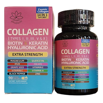 Collagen Peptides Types I, II, III, V & X, 64000 MCG, 14 in 1, Biotin, Keratin, Hyaluronic Acid, Magnesium, MSM, Grape Seed, Vitamin A C & E, Black Pepper, Quercetin, Folate, Zinc (90 Veggie Caps) - dailyvitalstore