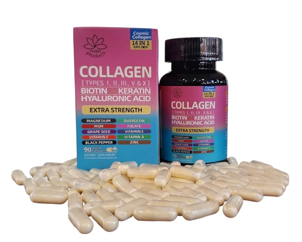 Collagen Peptides Types I, II, III, V & X, 64000 MCG, 14 in 1, Biotin, Keratin, Hyaluronic Acid, Magnesium, MSM, Grape Seed, Vitamin A C & E, Black Pepper, Quercetin, Folate, Zinc (90 Veggie Caps) - dailyvitalstore