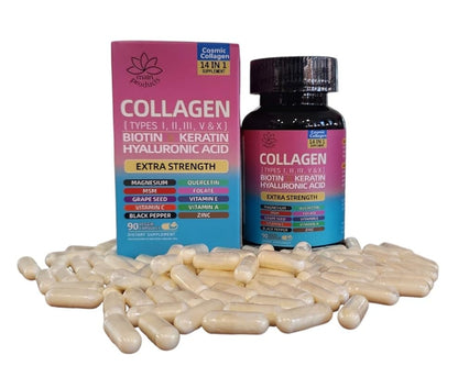 Collagen Peptides Types I, II, III, V & X, 64000 MCG, 14 in 1, Biotin, Keratin, Hyaluronic Acid, Magnesium, MSM, Grape Seed, Vitamin A C & E, Black Pepper, Quercetin, Folate, Zinc (90 Veggie Caps) - dailyvitalstore