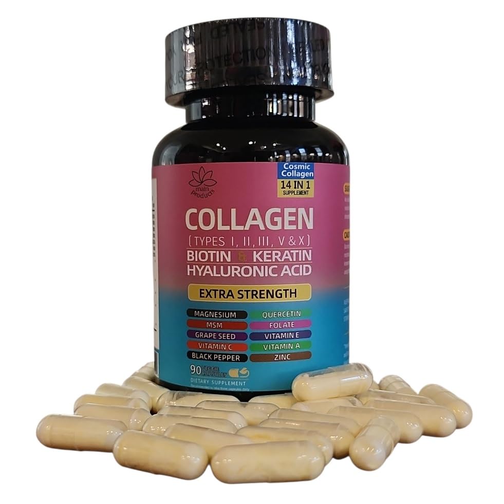 Collagen Peptides Types I, II, III, V & X, 64000 MCG, 14 in 1, Biotin, Keratin, Hyaluronic Acid, Magnesium, MSM, Grape Seed, Vitamin A C & E, Black Pepper, Quercetin, Folate, Zinc (90 Veggie Caps) - dailyvitalstore