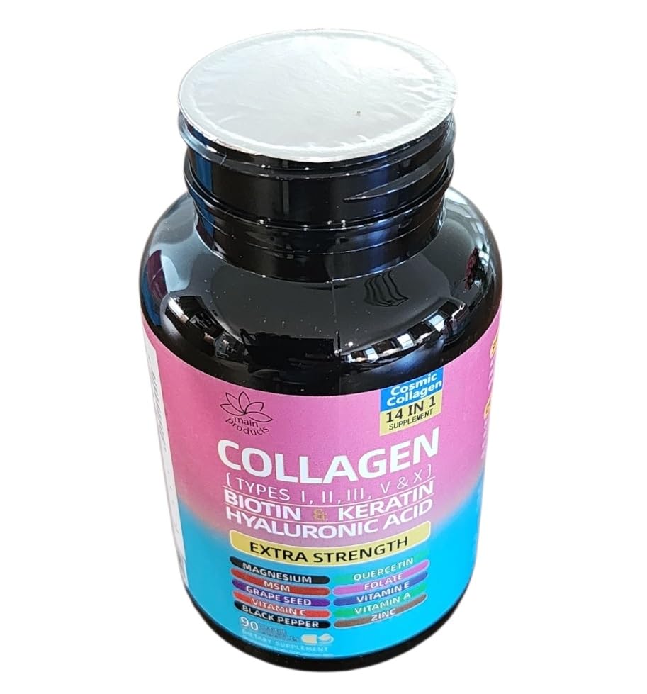 Collagen Peptides Types I, II, III, V & X, 64000 MCG, 14 in 1, Biotin, Keratin, Hyaluronic Acid, Magnesium, MSM, Grape Seed, Vitamin A C & E, Black Pepper, Quercetin, Folate, Zinc (90 Veggie Caps) - dailyvitalstore