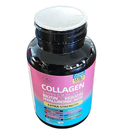 Collagen Peptides Types I, II, III, V & X, 64000 MCG, 14 in 1, Biotin, Keratin, Hyaluronic Acid, Magnesium, MSM, Grape Seed, Vitamin A C & E, Black Pepper, Quercetin, Folate, Zinc (90 Veggie Caps) - dailyvitalstore