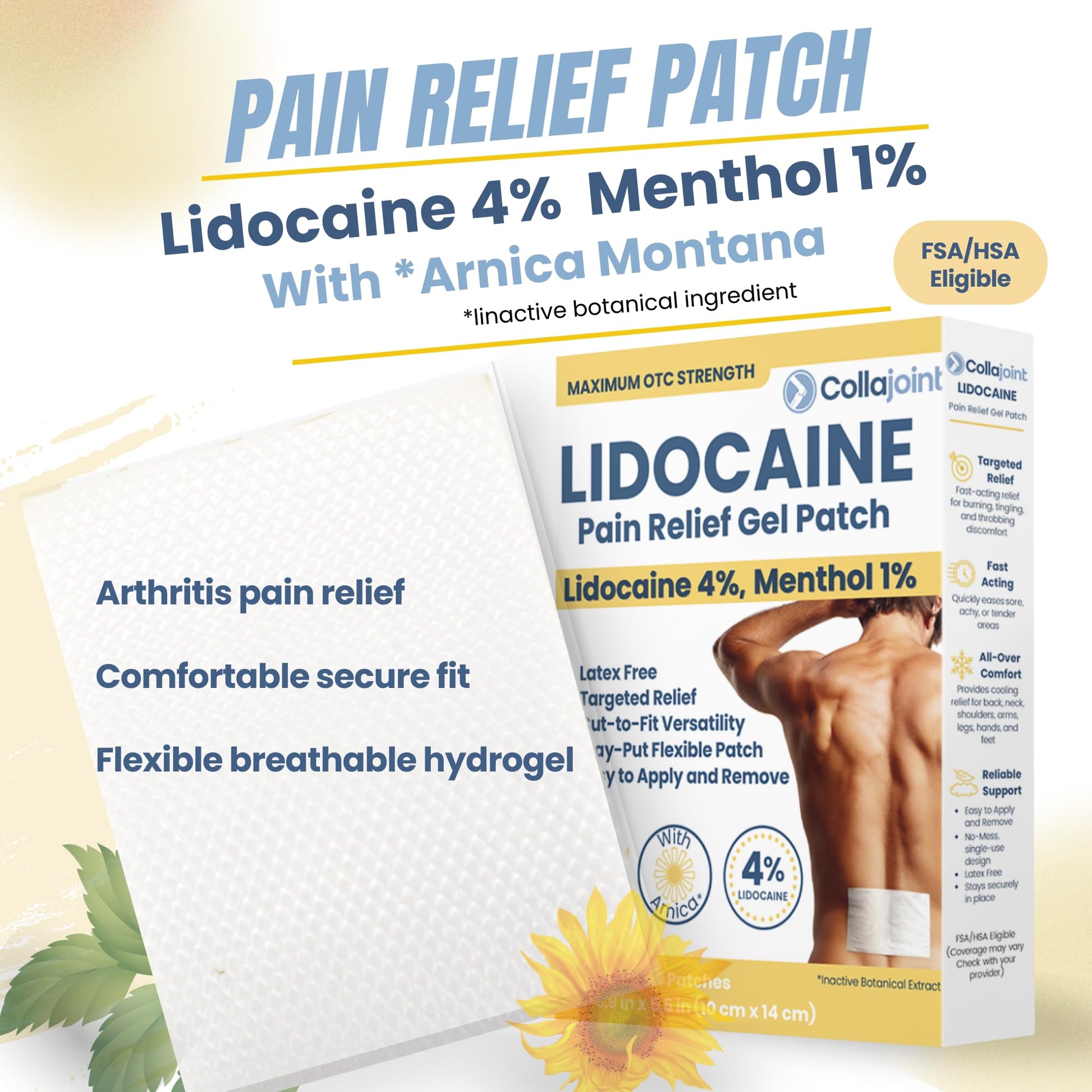 Collajoint Maximum-Strength Lidocaine 4% & Menthol 1% Hydrogel Pain Relief Patch with Arnica Montana Flower Extract-Temporary Numbing & Cooling Relief for Sore Muscles, Stiff Joints & Arthritis - dailyvitalstore