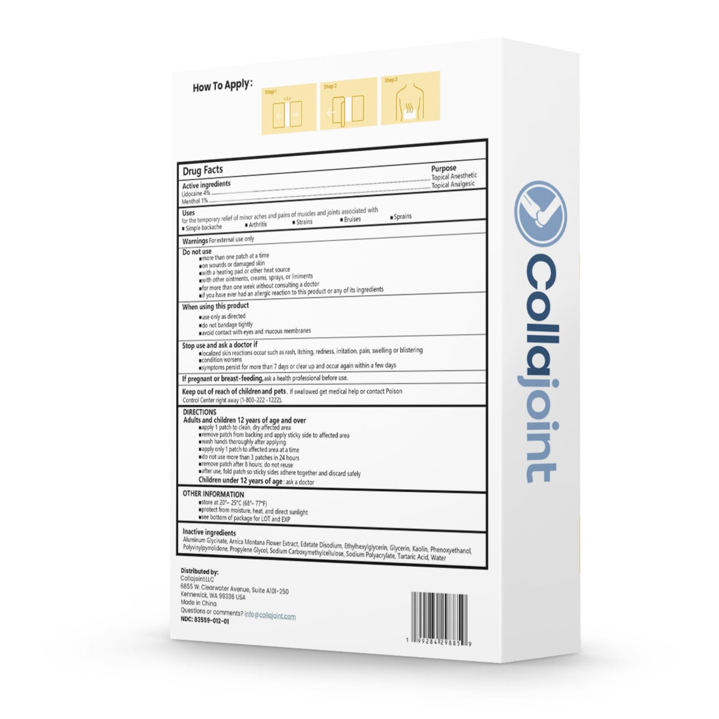 Collajoint Maximum-Strength Lidocaine 4% & Menthol 1% Hydrogel Pain Relief Patch with Arnica Montana Flower Extract-Temporary Numbing & Cooling Relief for Sore Muscles, Stiff Joints & Arthritis - dailyvitalstore
