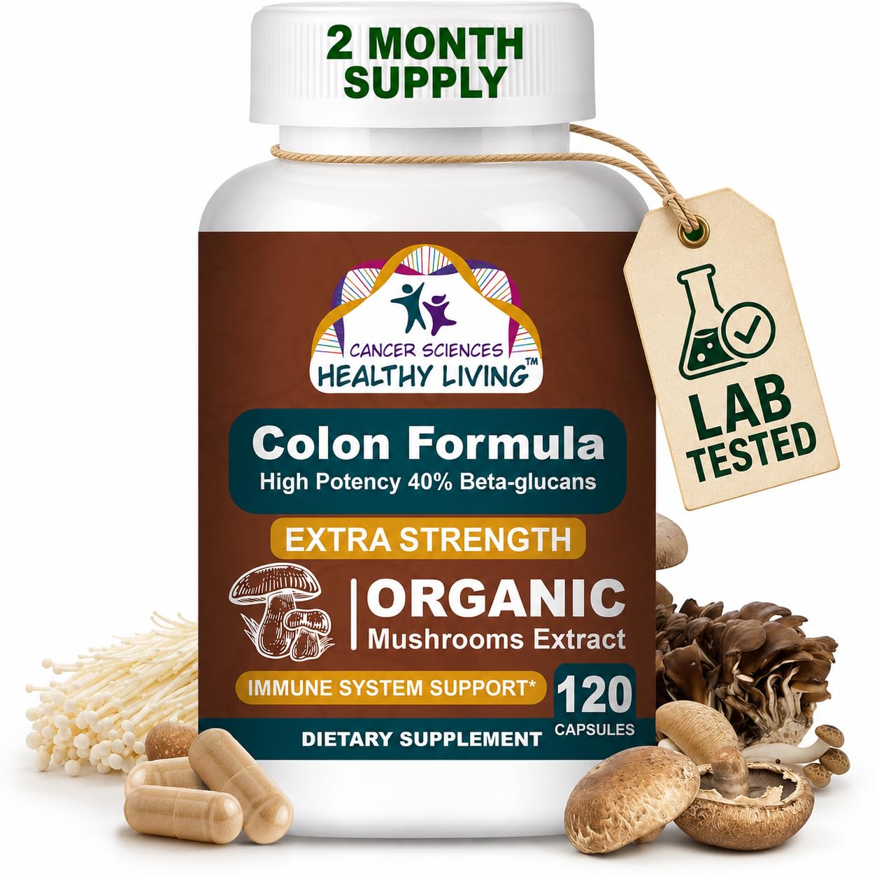 Colon Wellness Supplement, USDA Certified Organic Mushrooms Extract, Extra Strength 1,500 mg, High Potency 40% Beta-Glucans, Immune, Gut & Digestive, Colon Cleanse & Detox, 120 Caps - dailyvitalstore