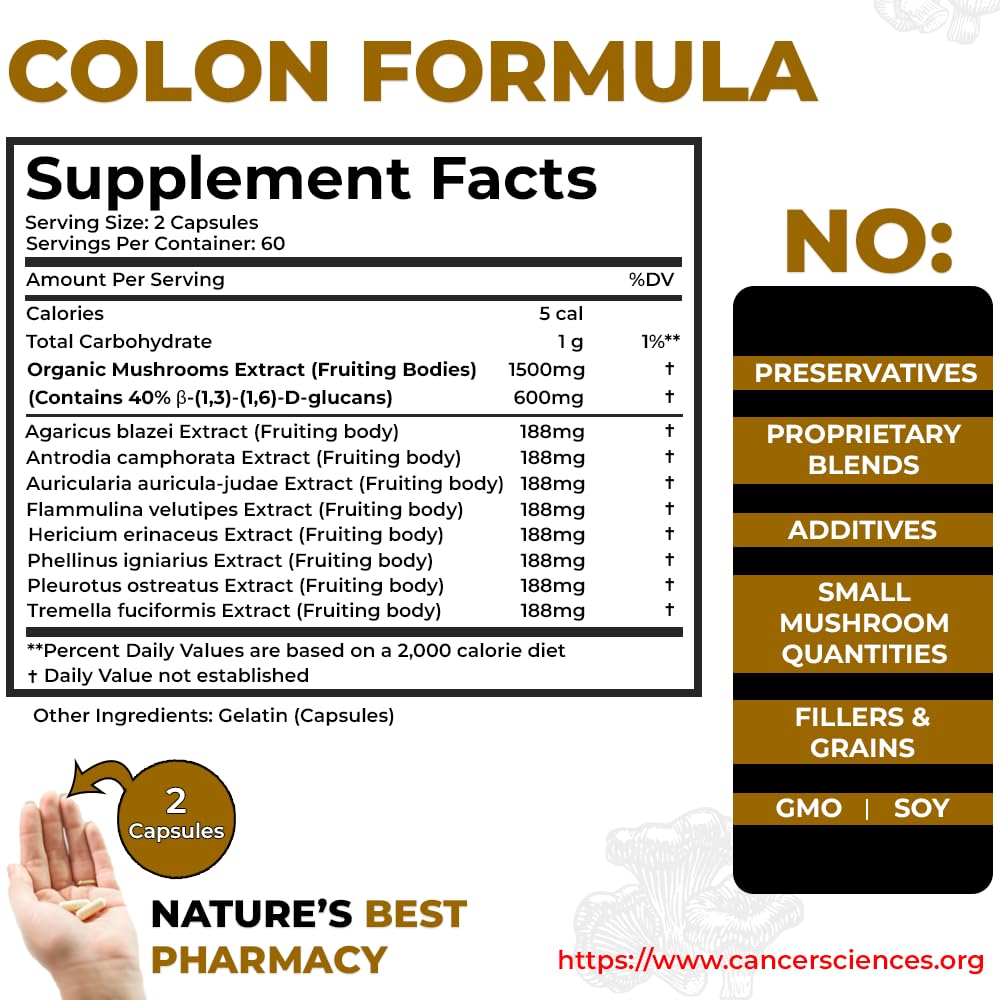 Colon Wellness Supplement, USDA Certified Organic Mushrooms Extract, Extra Strength 1,500 mg, High Potency 40% Beta-Glucans, Immune, Gut & Digestive, Colon Cleanse & Detox, 120 Caps - dailyvitalstore