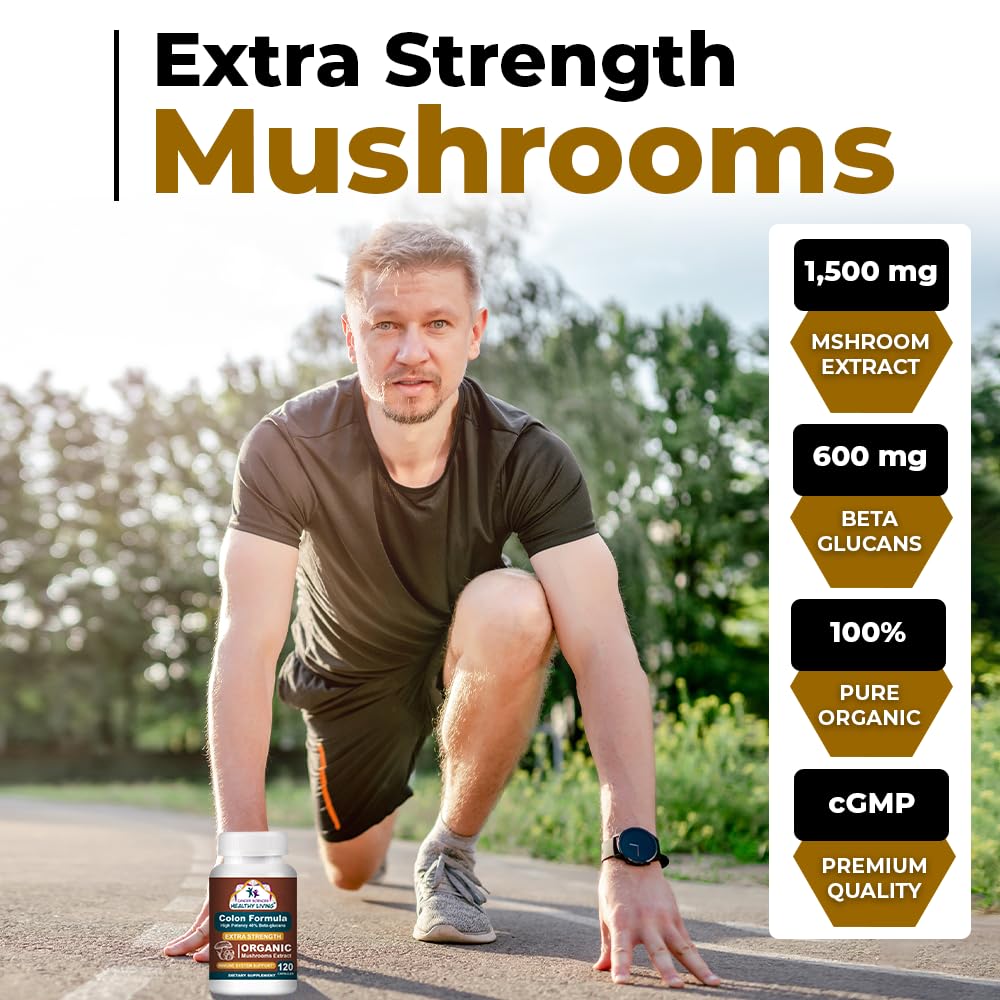 Colon Wellness Supplement, USDA Certified Organic Mushrooms Extract, Extra Strength 1,500 mg, High Potency 40% Beta-Glucans, Immune, Gut & Digestive, Colon Cleanse & Detox, 120 Caps - dailyvitalstore