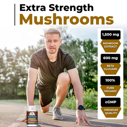 Colon Wellness Supplement, USDA Certified Organic Mushrooms Extract, Extra Strength 1,500 mg, High Potency 40% Beta-Glucans, Immune, Gut & Digestive, Colon Cleanse & Detox, 120 Caps - dailyvitalstore