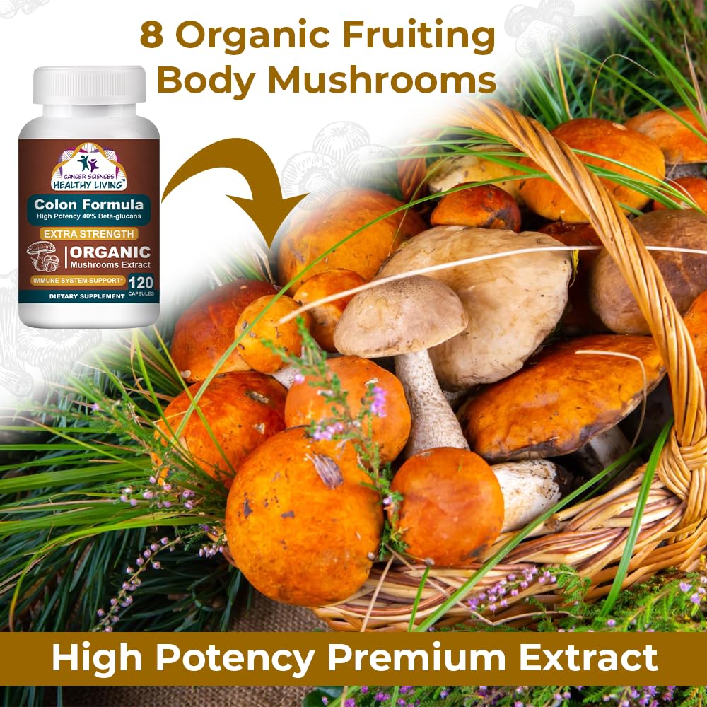 Colon Wellness Supplement, USDA Certified Organic Mushrooms Extract, Extra Strength 1,500 mg, High Potency 40% Beta-Glucans, Immune, Gut & Digestive, Colon Cleanse & Detox, 120 Caps - dailyvitalstore
