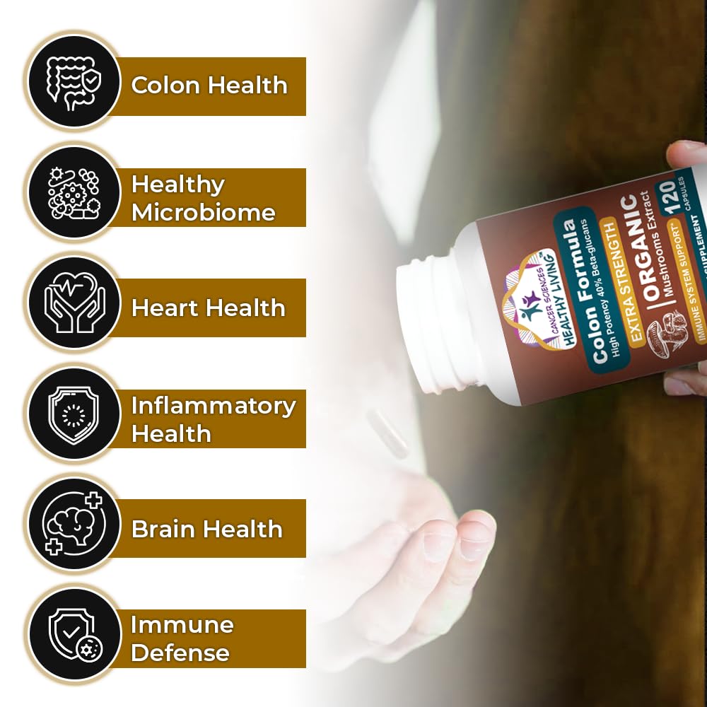 Colon Wellness Supplement, USDA Certified Organic Mushrooms Extract, Extra Strength 1,500 mg, High Potency 40% Beta-Glucans, Immune, Gut & Digestive, Colon Cleanse & Detox, 120 Caps - dailyvitalstore