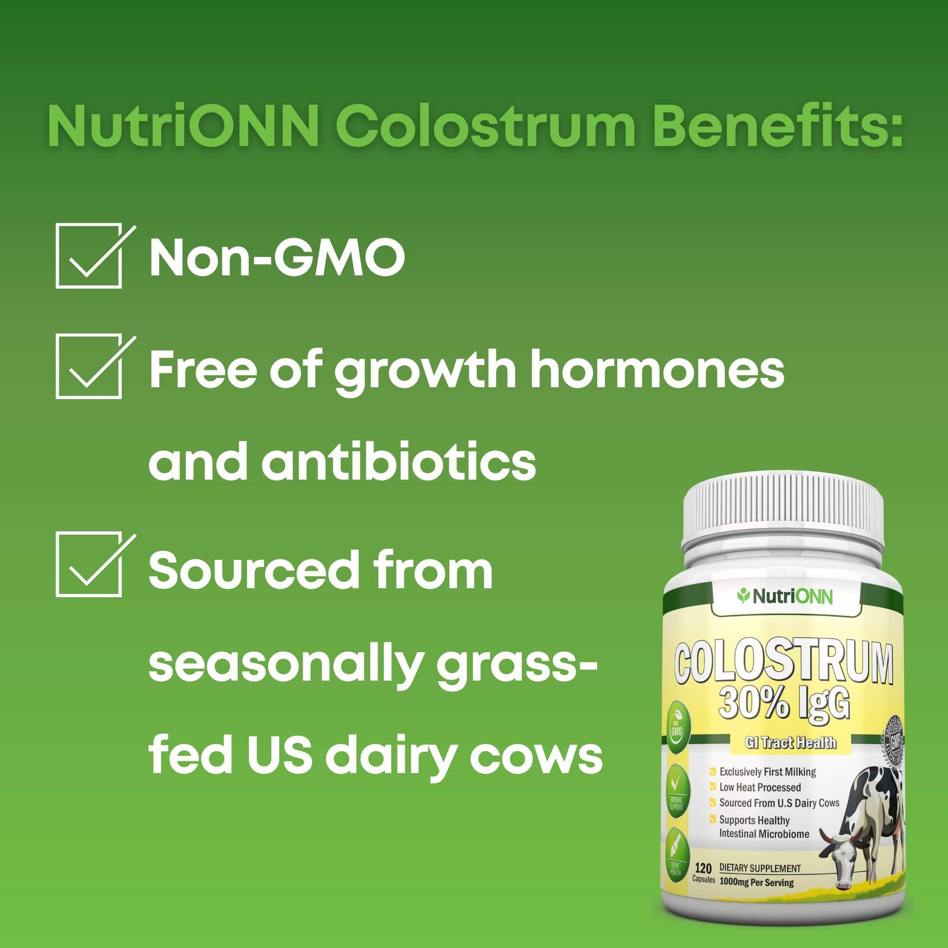 Colostrum - 1000mg - 120 Capsules - 30% IgG - Non-GMO US Dairy - First Milking Bovine Colostrum - Low Heat Processed - Great for GI Tract Health - dailyvitalstore