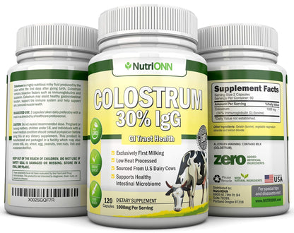 Colostrum - 1000mg - 120 Capsules - 30% IgG - Non-GMO US Dairy - First Milking Bovine Colostrum - Low Heat Processed - Great for GI Tract Health - dailyvitalstore