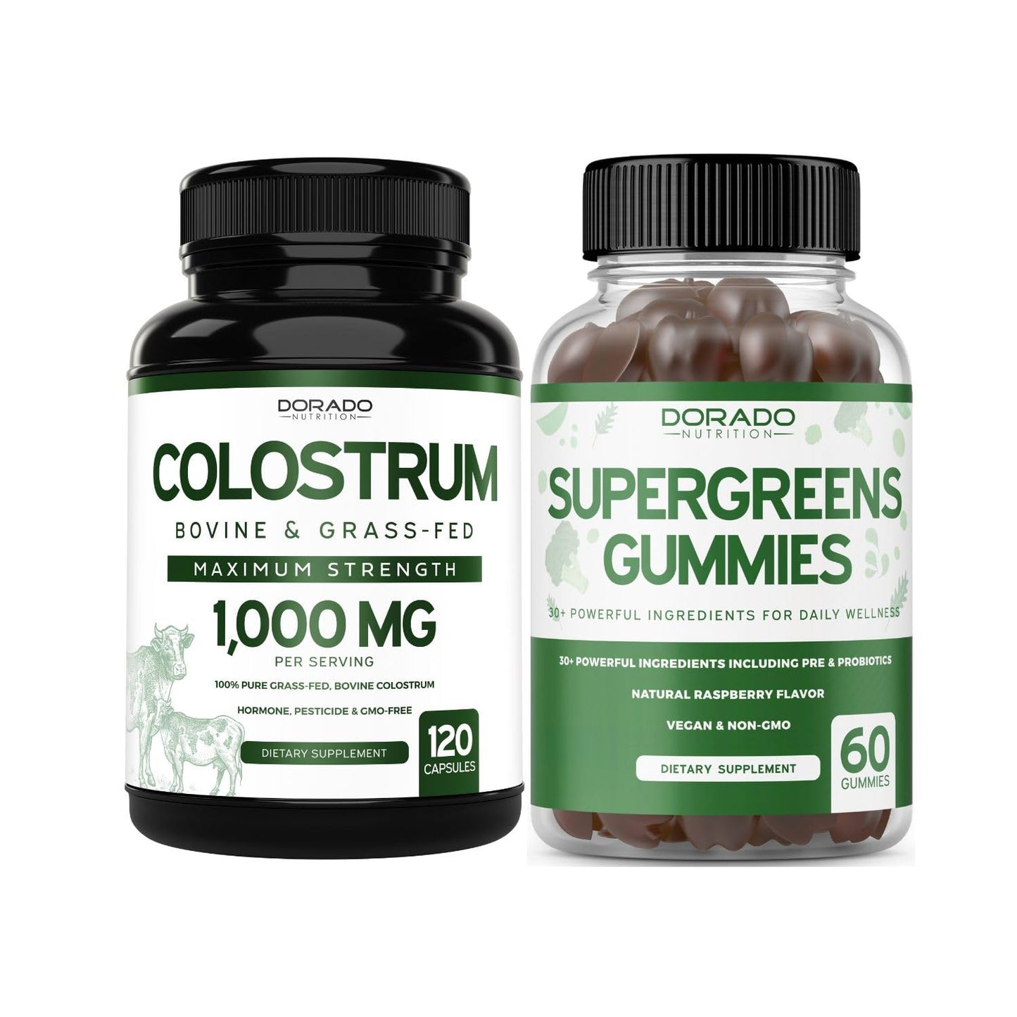 Colostrum (120 Count) Bovine Colostrum Capsules Supplement and Supergreens (60 Gummies) Superfood for Immunity Support with Greens Supplements with 8 Ingredient Power Blend - Vegan Safe & Made in USA - dailyvitalstore
