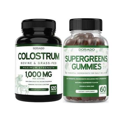 Colostrum (120 Count) Bovine Colostrum Capsules Supplement and Supergreens (60 Gummies) Superfood for Immunity Support with Greens Supplements with 8 Ingredient Power Blend - Vegan Safe & Made in USA - dailyvitalstore