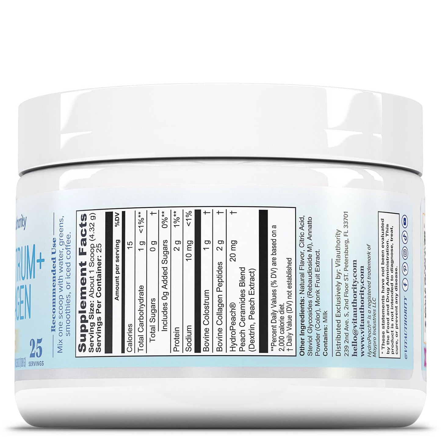 Colostrum Collagen Powder Hydrolyzed Peptide HydroPeach Gut Health Skin & Immune Support | 1g Bovine Colostrum, 2g Collagen Peptides, 20mg Peach Ceramides - dailyvitalstore