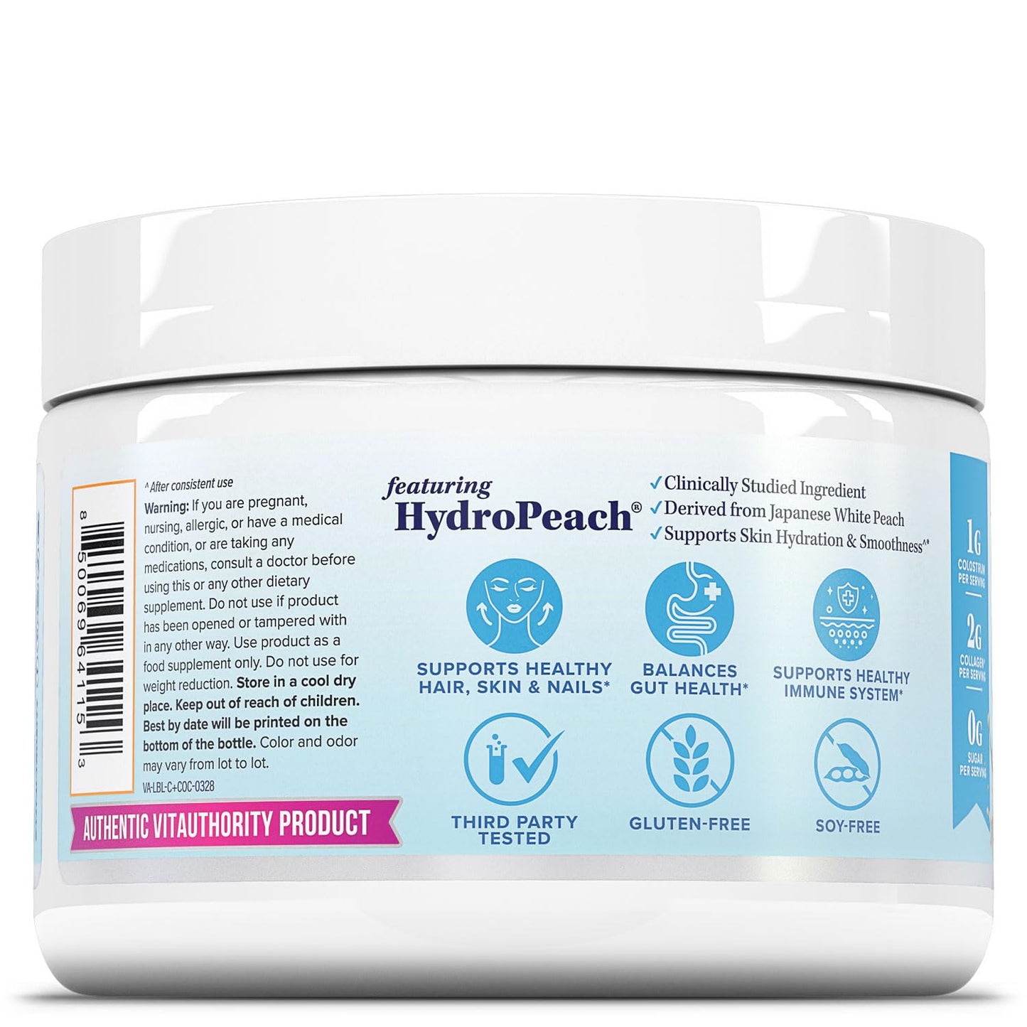 Colostrum Collagen Powder Hydrolyzed Peptide HydroPeach Gut Health Skin & Immune Support | 1g Bovine Colostrum, 2g Collagen Peptides, 20mg Peach Ceramides - dailyvitalstore