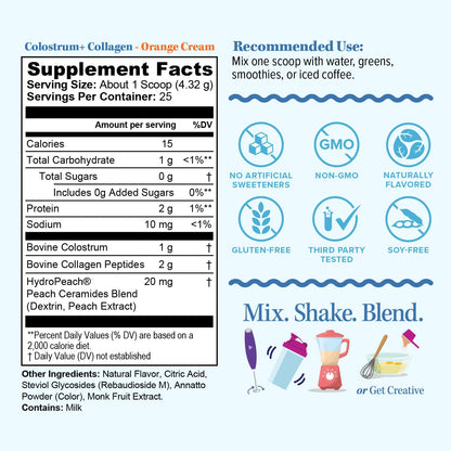 Colostrum Collagen Powder Hydrolyzed Peptide HydroPeach Gut Health Skin & Immune Support | 1g Bovine Colostrum, 2g Collagen Peptides, 20mg Peach Ceramides - dailyvitalstore