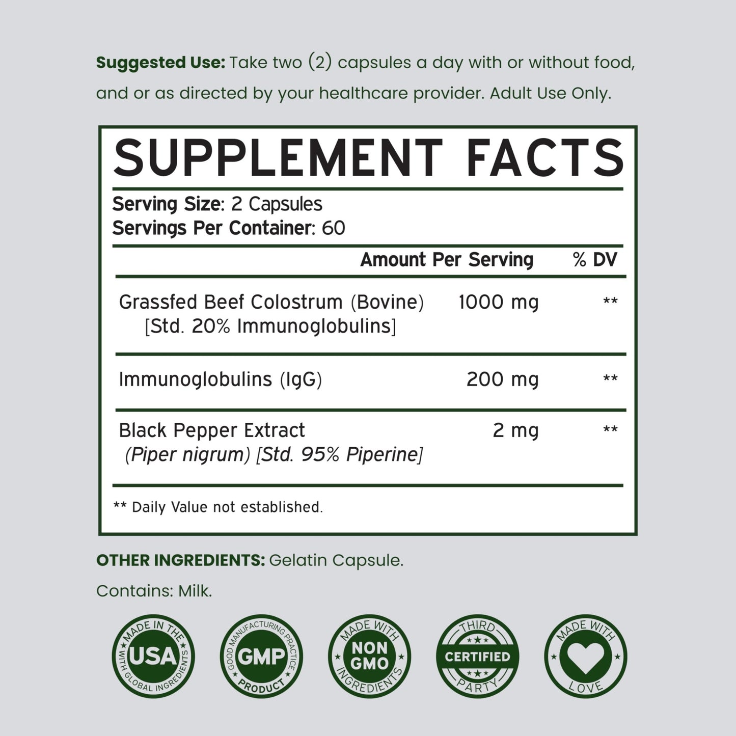 Colostrum Supplement (120 Count) 1000mg Per Serving (Bovine Colostrum Capsules from First Milking Only, Std. to Contain 20% IgG Immunoglobulins) - Grass Fed, No Fillers, - dailyvitalstore