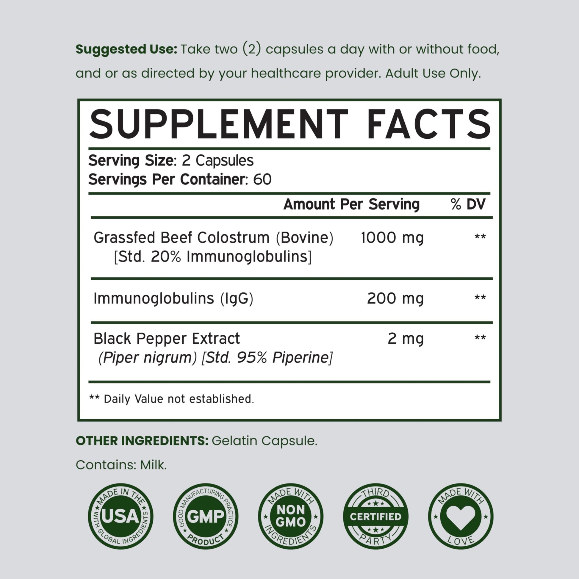 Colostrum Supplement (120 Count) 1000mg Per Serving (Bovine Colostrum Capsules from First Milking Only, Std. to Contain 20% IgG Immunoglobulins) - Grass Fed, No Fillers, - dailyvitalstore