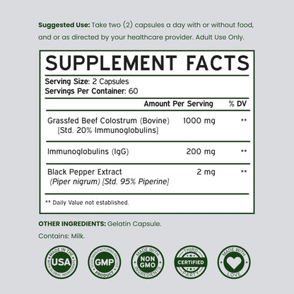 Colostrum Supplement (120 Count) 1000mg Per Serving (Bovine Colostrum Capsules from First Milking Only, Std. to Contain 20% IgG Immunoglobulins) - Grass Fed, No Fillers, - dailyvitalstore