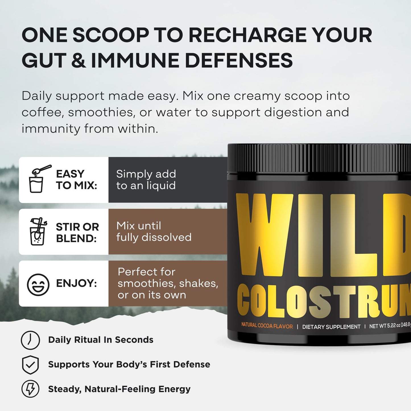 Colostrum Supplement - Grass Fed Pure Bovine Colostrum Powder - 2000mg & 400mg IgG (calostro bovino) - Gut, Immunity, Skin, Hair Support - Sugar Free, Natural Cacao Flavour, 30 Servings - dailyvitalstore