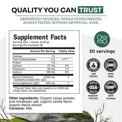 Colostrum Supplement - Grass Fed Pure Bovine Colostrum Powder - 2000mg & 400mg IgG (calostro bovino) - Gut, Immunity, Skin, Hair Support - Sugar Free, Natural Cacao Flavour, 30 Servings - dailyvitalstore