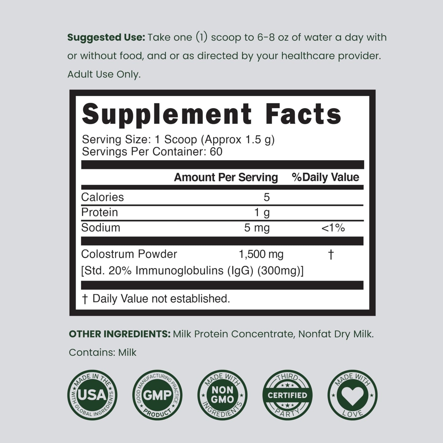 Colostrum Supplement Powder 90g (60 Servings of 1.5g Pure Bovine Colostrum Std. to Contain 20% IgG Immunoglobulins) Grass Fed Powder - No Fillers, Third Party Tested, Unflavored & Non-GMO - dailyvitalstore