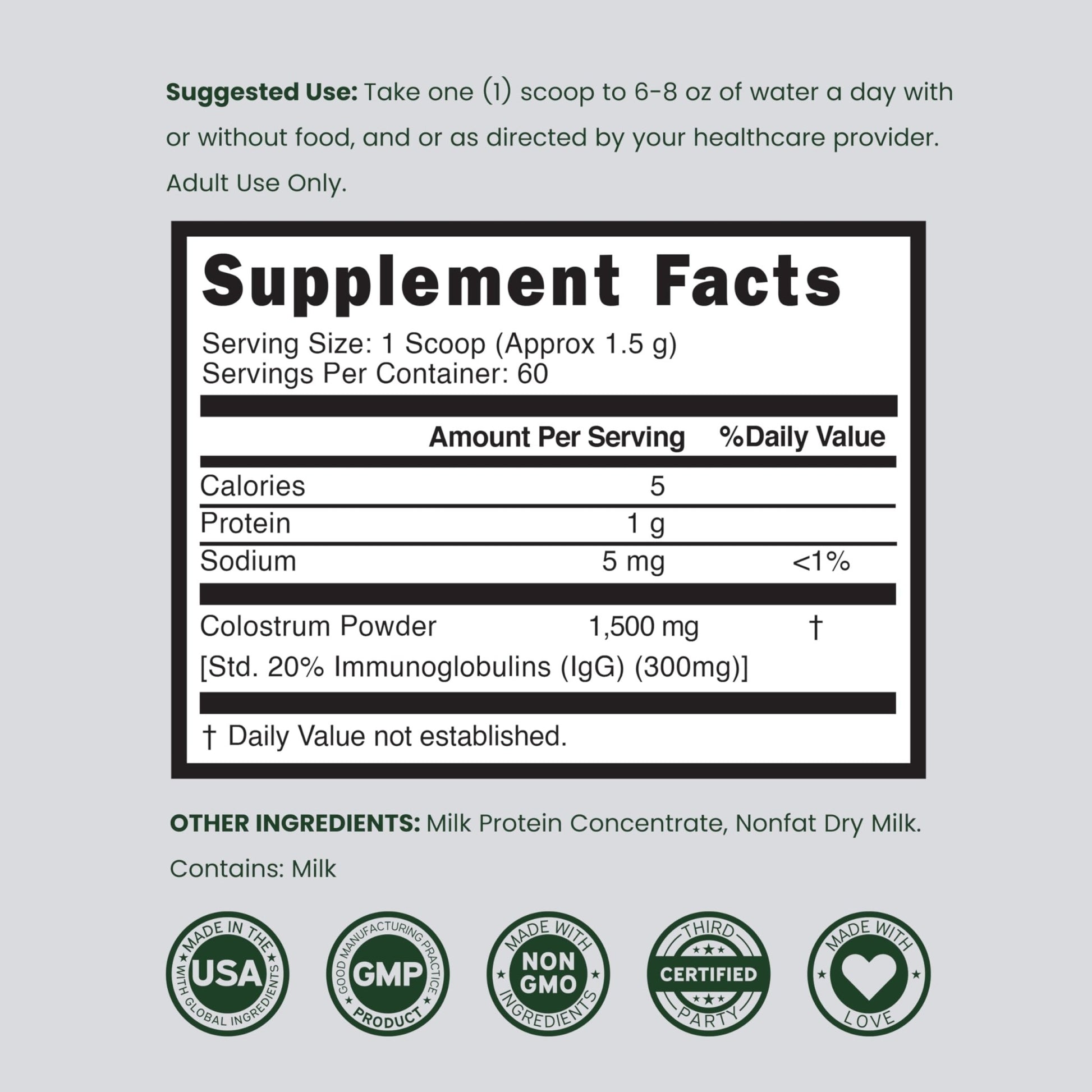 Colostrum Supplement Powder 90g (60 Servings of 1.5g Pure Bovine Colostrum Std. to Contain 20% IgG Immunoglobulins) Grass Fed Powder - No Fillers, Third Party Tested, Unflavored & Non-GMO - dailyvitalstore