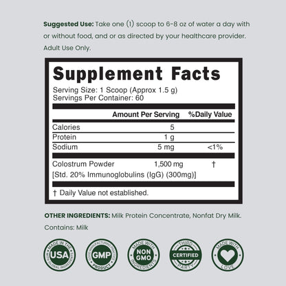 Colostrum Supplement Powder 90g (60 Servings of 1.5g Pure Bovine Colostrum Std. to Contain 20% IgG Immunoglobulins) Grass Fed Powder - No Fillers, Third Party Tested, Unflavored & Non-GMO - dailyvitalstore
