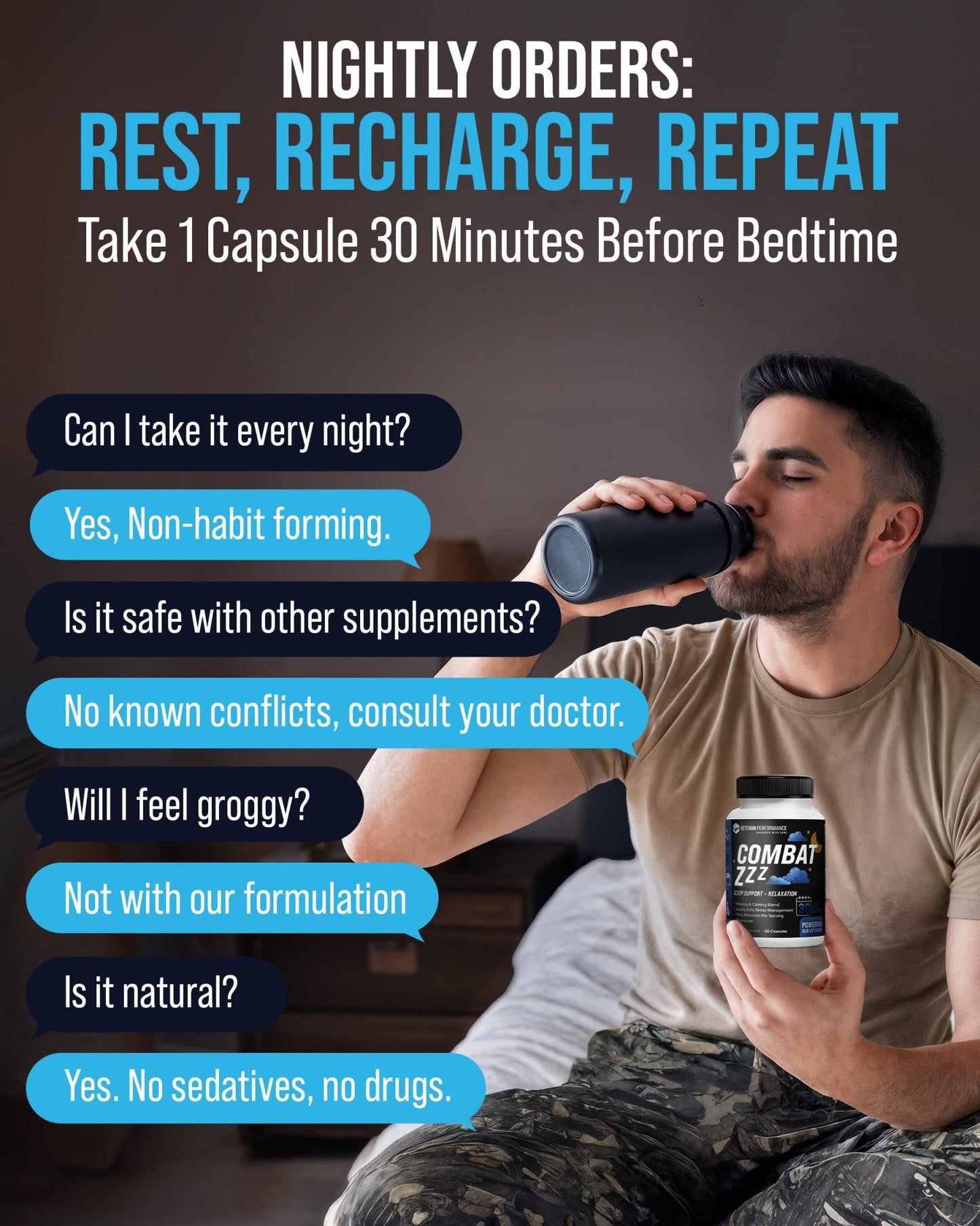 Combat ZZZ 4-in-1 Sleep Aid with Melatonin, Magnesium & L-Theanine – Non-Groggy Formula for Deep Sleep & Restful Recovery – Veteran-Founded, Made in USA (60 Capsules) | Sleep Aid for Adults - dailyvitalstore