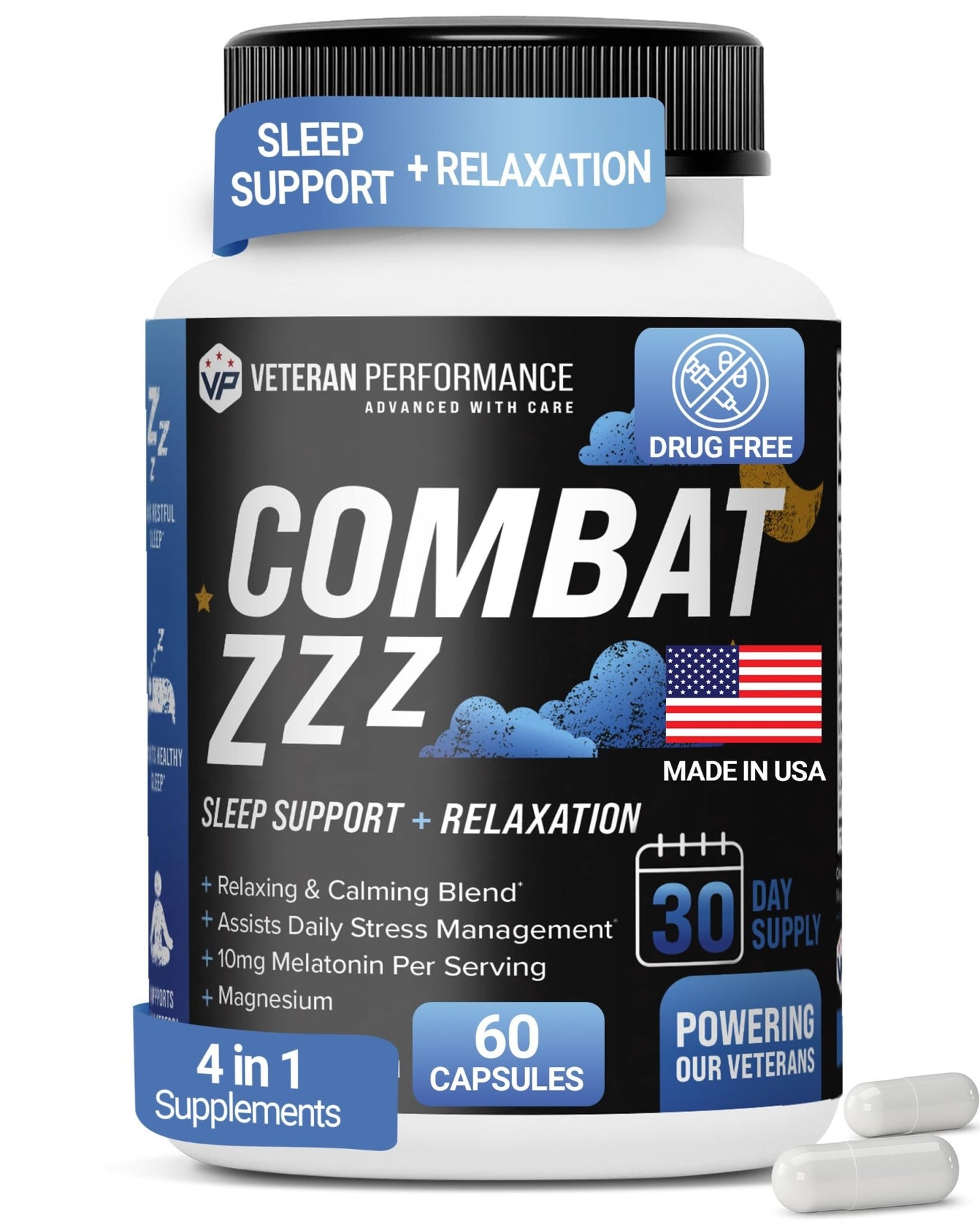 Combat ZZZ 4-in-1 Sleep Aid with Melatonin, Magnesium & L-Theanine – Non-Groggy Formula for Deep Sleep & Restful Recovery – Veteran-Founded, Made in USA (60 Capsules) | Sleep Aid for Adults - dailyvitalstore